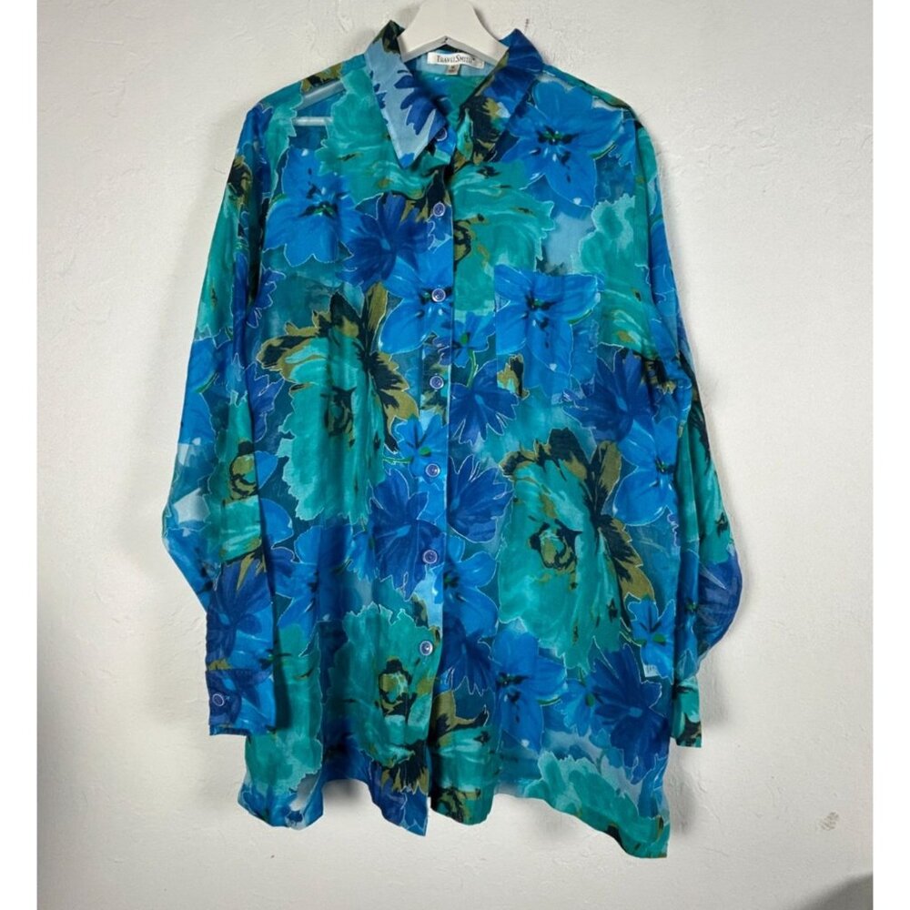 TravelSmith Womens Floral Print Button-Up Shirt XL Blue Green Long Sleeve Casual